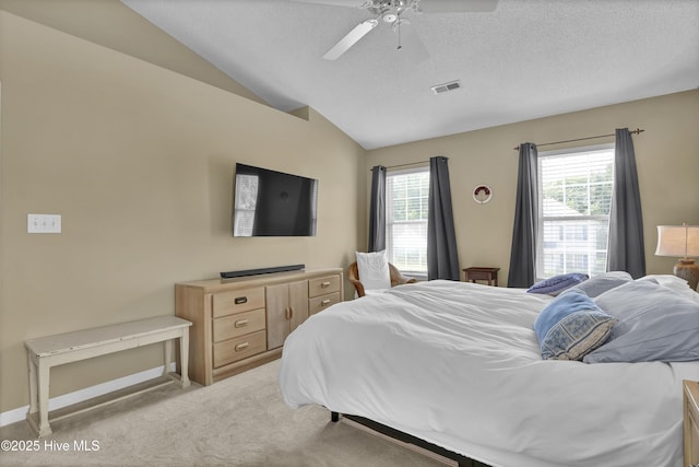 5109 Gate Post Ln, Wilmington, NC 28412 - bedroom featuring vaulted ceiling, multiple windows, light carpet, a textured ceiling, and baseboards