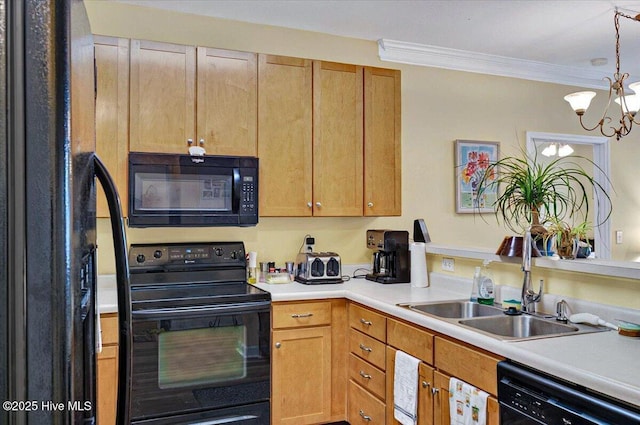 250 S Crow Creek Dr NW Unit 1, Calabash, NC 28467 - kitchen featuring black appliances, a sink, ornamental molding, light countertops, and a chandelier