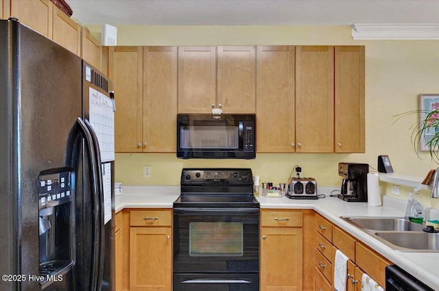 250 S Crow Creek Dr NW Unit 1, Calabash, NC 28467 - kitchen with black appliances, a sink, light countertops, and crown molding