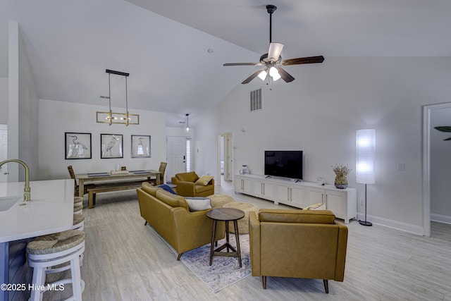 302 Gaskins Ln, Wilmington, NC 28411 - living room with high vaulted ceiling, light wood-type flooring, ceiling fan, and baseboards