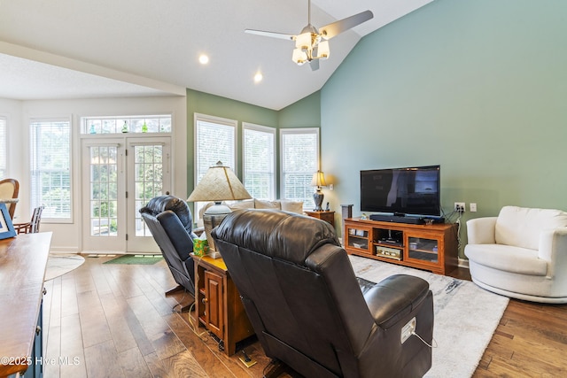 308 Crooked Gulley Cir, Sunset Beach, NC 28468 - living area featuring wood finished floors, ceiling fan, high vaulted ceiling, recessed lighting, and baseboards