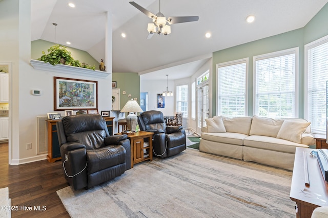 308 Crooked Gulley Cir, Sunset Beach, NC 28468 - living area with wood finished floors, recessed lighting, lofted ceiling, a ceiling fan, and a chandelier