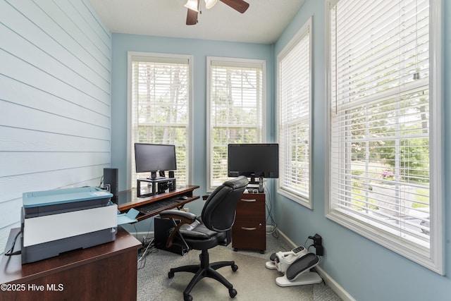 308 Crooked Gulley Cir, Sunset Beach, NC 28468 - carpeted office space with ceiling fan, baseboards, and wood walls