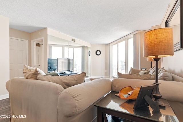 2000 New River Inlet Rd Unit 3113, North Topsail Beach, NC 28460 - living area featuring plenty of natural light, a textured ceiling, baseboards, and dark wood-style flooring