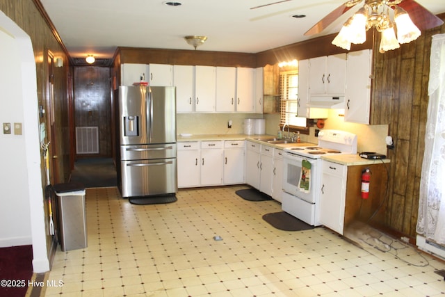 2489 Rodgers School Rd, Williamston, NC 27892 - kitchen featuring white electric stove, stainless steel fridge with ice dispenser, light countertops, and ceiling fan