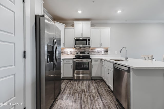 395 S Crow Creek Dr Unit 1601, Calabash, NC 28467 - kitchen with appliances with stainless steel finishes, a sink, ornamental molding, a peninsula, and light countertops