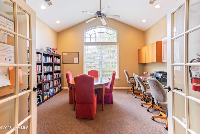 395 S Crow Creek Dr Unit 1601, Calabash, NC 28467 - home office featuring french doors, ceiling fan, lofted ceiling, carpet, and baseboards
