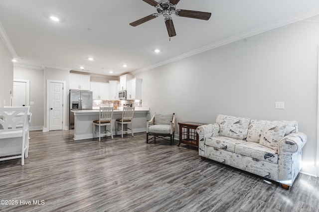 395 S Crow Creek Dr Unit 1601, Calabash, NC 28467 - living area with dark wood-style floors, crown molding, ceiling fan, recessed lighting, and baseboards
