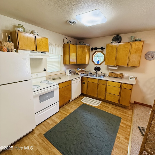 117 Navaho Trl, Edenton, NC 27932 - kitchen with white appliances, light countertops, a textured ceiling, light wood-style floors, and brown cabinetry