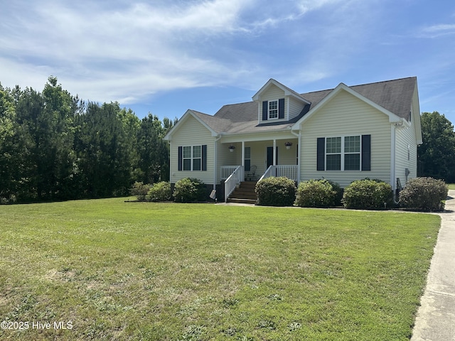 view of front facade featuring covered porch, a front lawn, and a shingled roof