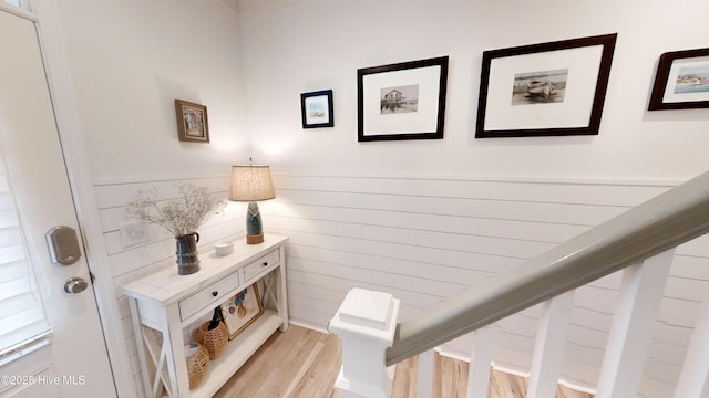 264 Great Egret Way, Beaufort, NC 28516 - stairs with wood finished floors and a wainscoted wall