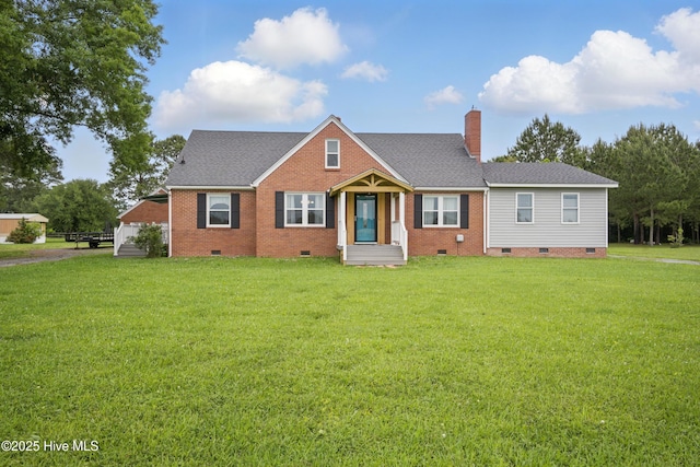 1047 US Highway 158 W, Gates, NC 27937 - view of front of home featuring crawl space, a front lawn, a chimney, brick siding, and a shingled roof