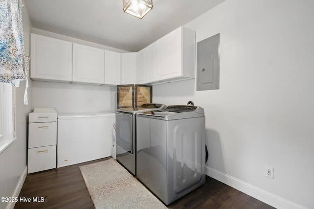 1047 US Highway 158 W, Gates, NC 27937 - laundry area with cabinet space, washer and dryer, electric panel, dark wood-style flooring, and baseboards