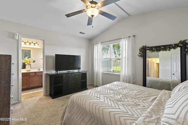 112 Silver Queen Ln, Richlands, NC 28574 - bedroom featuring light carpet, lofted ceiling, ensuite bath, and a ceiling fan