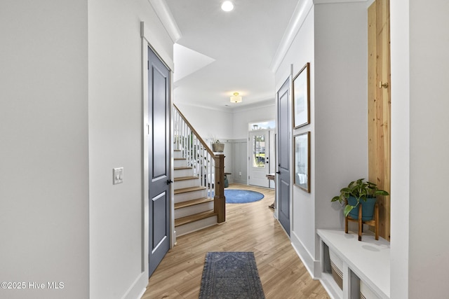 510 White Picket Way, Holly Ridge, NC 28445 - entrance foyer with stairs, light wood-style flooring, crown molding, baseboards, and recessed lighting