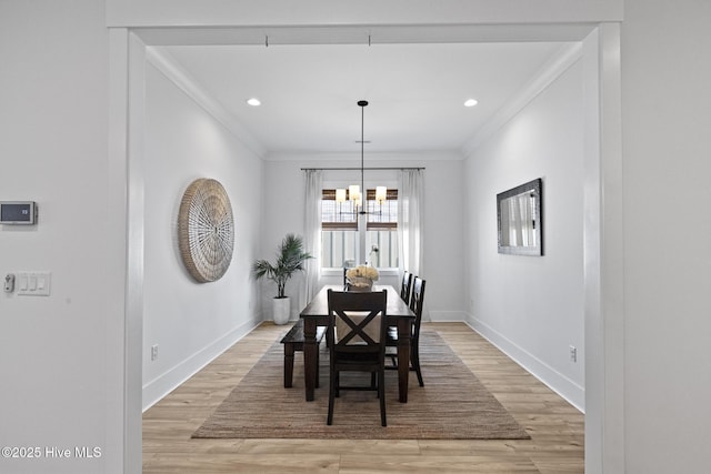 510 White Picket Way, Holly Ridge, NC 28445 - dining room featuring a chandelier, crown molding, baseboards, light wood-style floors, and recessed lighting
