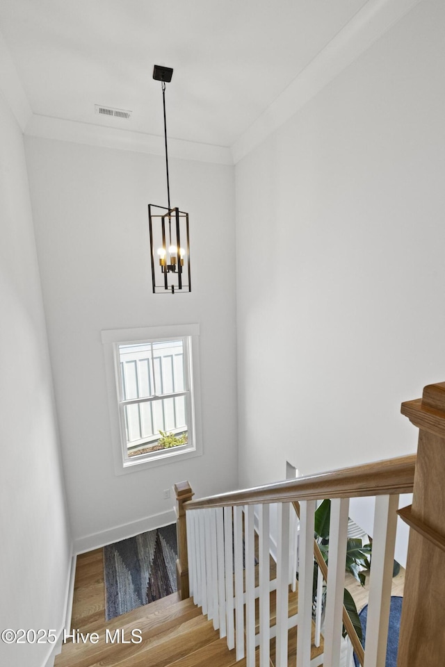 510 White Picket Way, Holly Ridge, NC 28445 - stairs with wood finished floors, a chandelier, baseboards, and ornamental molding