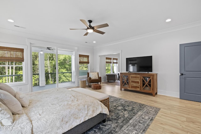 510 White Picket Way, Holly Ridge, NC 28445 - bedroom with crown molding, baseboards, wood finished floors, recessed lighting, and a ceiling fan