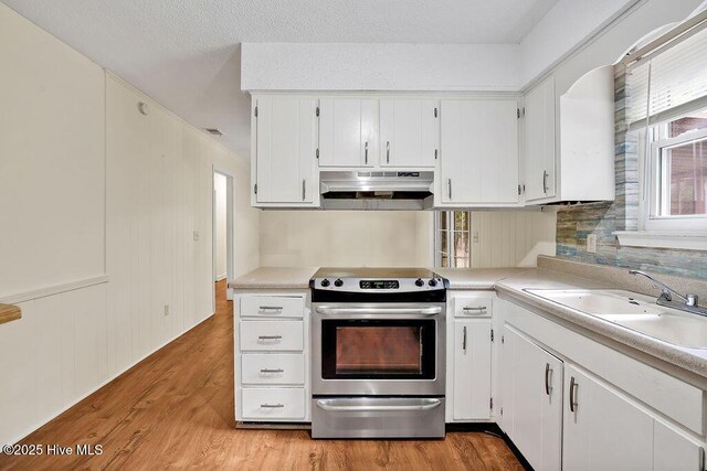 326 Spartan Rd, Wilmington, NC 28405 - kitchen with stainless steel electric stove, under cabinet range hood, a sink, light wood-style flooring, and light countertops