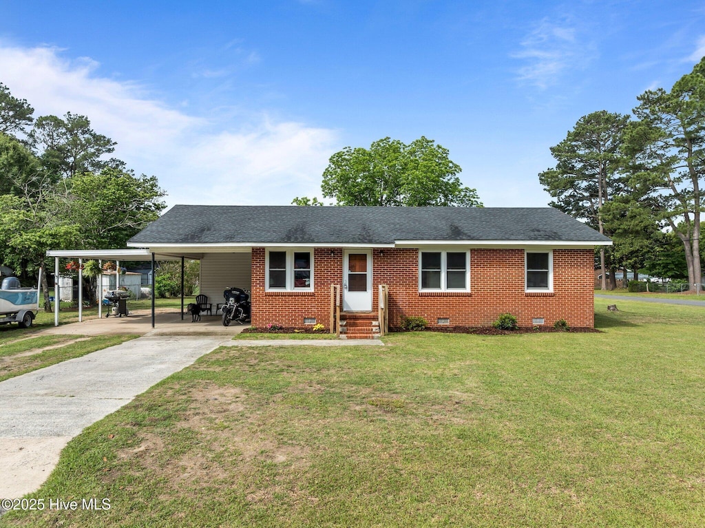 108 Pine Ln, Washington, NC 27889 - view of front of property featuring crawl space, driveway, a front yard, a carport, and entry steps