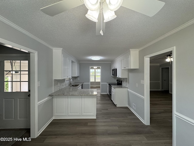 kitchen featuring stainless steel electric range, a sink, black microwave, a ceiling fan, and white cabinets