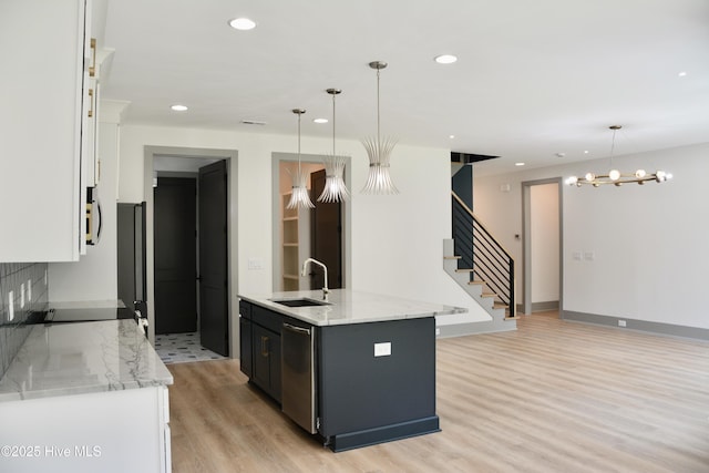 120 Fairview Rd, Leland, NC 28451 - kitchen featuring a sink, white cabinets, an island with sink, recessed lighting, and stainless steel dishwasher