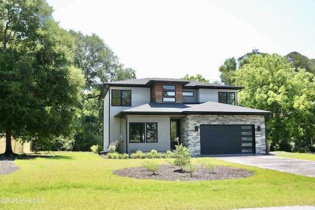 120 Fairview Rd, Leland, NC 28451 - view of front facade featuring stucco siding, asphalt driveway, a front lawn, a garage, and stone siding