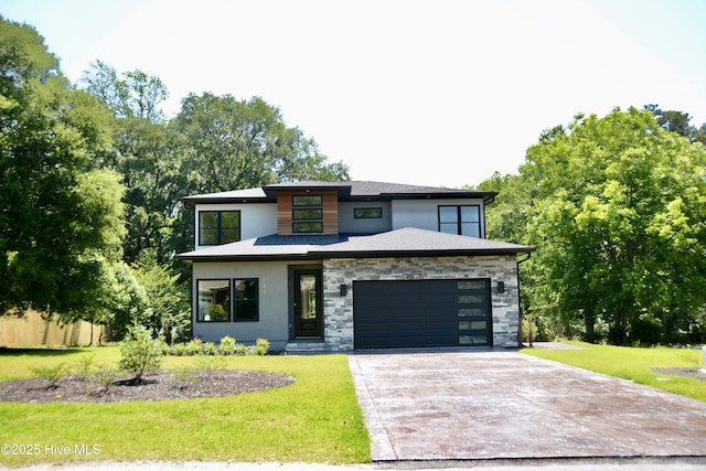 120 Fairview Rd, Leland, NC 28451 - view of front of home featuring a front yard, concrete driveway, stone siding, and stucco siding