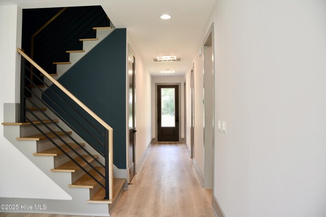 120 Fairview Rd, Leland, NC 28451 - foyer featuring stairs, light wood finished floors, baseboards, and recessed lighting