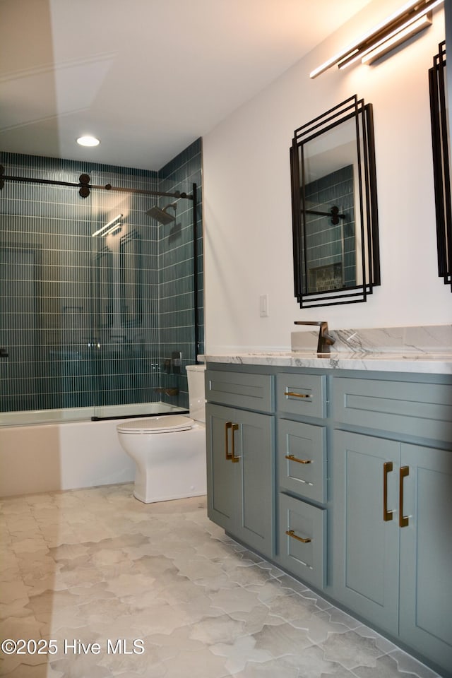 120 Fairview Rd, Leland, NC 28451 - bathroom featuring toilet, shower / bath combination with glass door, vanity, and recessed lighting