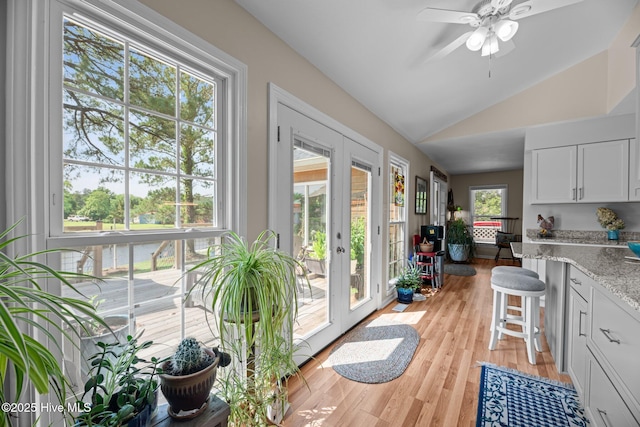 6008 Cassowary Ln, New Bern, NC 28560 - doorway with vaulted ceiling, french doors, light wood-style floors, and ceiling fan