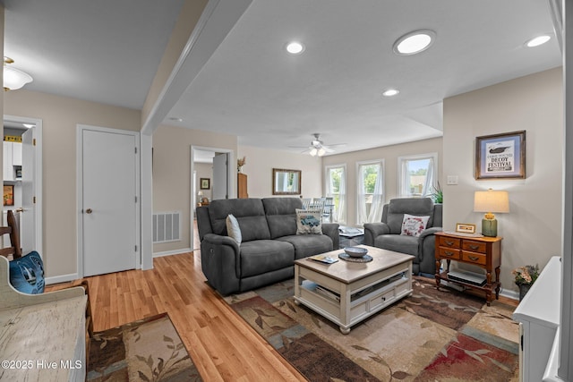6008 Cassowary Ln, New Bern, NC 28560 - living room with wood finished floors, a ceiling fan, recessed lighting, and baseboards