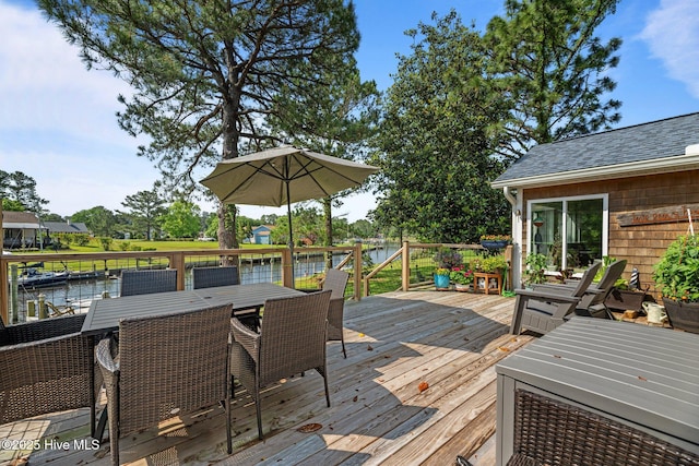 6008 Cassowary Ln, New Bern, NC 28560 - wooden terrace featuring a water view and outdoor dining space