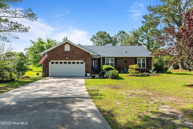 6008 Cassowary Ln, New Bern, NC 28560 - ranch-style home with an attached garage, brick siding, concrete driveway, and a front lawn