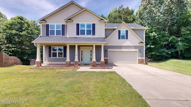 44 Nassau Ct, Clayton, NC 27520 - craftsman-style house featuring a garage, driveway, a porch, a shingled roof, and stone siding