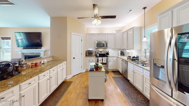 44 Nassau Ct, Clayton, NC 27520 - kitchen featuring appliances with stainless steel finishes, a sink, ceiling fan, light wood-style flooring, and backsplash