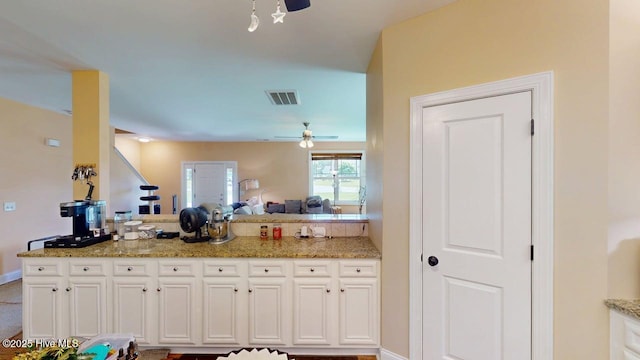 44 Nassau Ct, Clayton, NC 27520 - kitchen featuring white cabinetry, light stone counters, a ceiling fan, and open floor plan