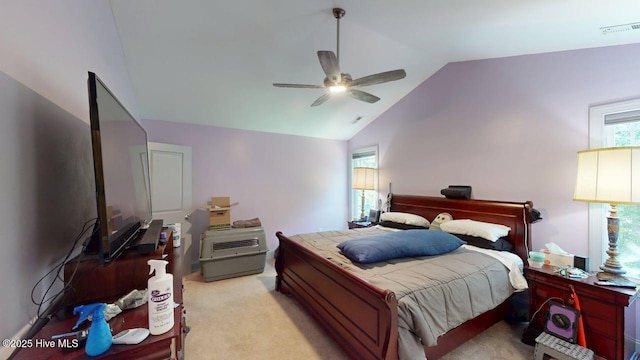 44 Nassau Ct, Clayton, NC 27520 - bedroom with vaulted ceiling, multiple windows, light colored carpet, and ceiling fan