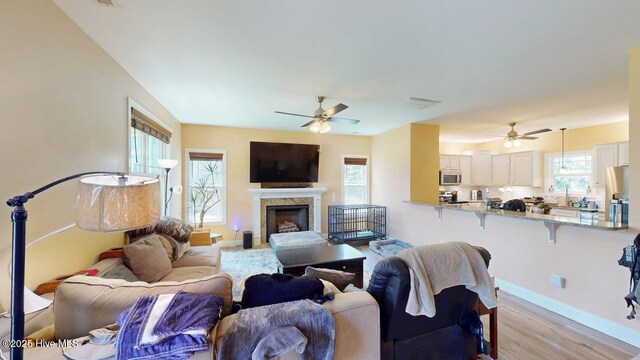 44 Nassau Ct, Clayton, NC 27520 - living area featuring ceiling fan, light wood-style floors, a premium fireplace, and baseboards