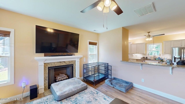 44 Nassau Ct, Clayton, NC 27520 - living area with ceiling fan, light wood-type flooring, a premium fireplace, and baseboards