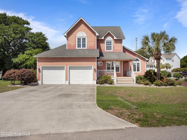 120 Buds Ln, Cedar Point, NC 28584 - traditional-style house with covered porch, concrete driveway, a front lawn, and a shingled roof