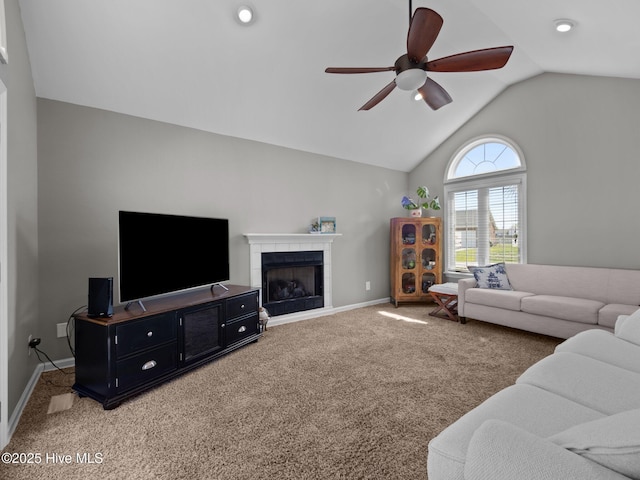 120 Buds Ln, Cedar Point, NC 28584 - living area featuring ceiling fan, light carpet, lofted ceiling, a tile fireplace, and baseboards