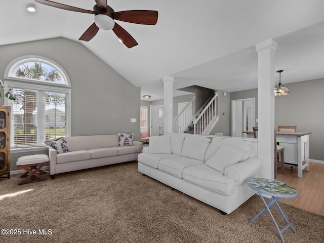 120 Buds Ln, Cedar Point, NC 28584 - carpeted living area with decorative columns, a ceiling fan, vaulted ceiling, stairs, and baseboards
