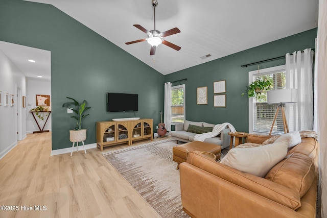 211 Bill Canady Rd, Sneads Ferry, NC 28460 - living area featuring a ceiling fan, high vaulted ceiling, wood finished floors, baseboards, and recessed lighting