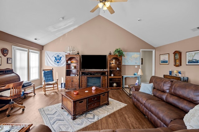 531 S NC Highway 343, Camden, NC 27921 - living room with vaulted ceiling, wood finished floors, and ceiling fan