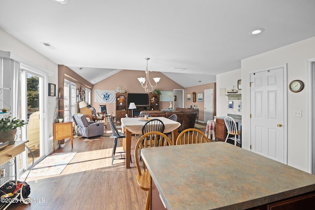 531 S NC Highway 343, Camden, NC 27921 - dining room with light wood finished floors, a chandelier, vaulted ceiling, and recessed lighting