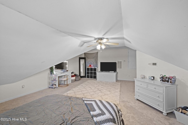 531 S NC Highway 343, Camden, NC 27921 - bedroom featuring light carpet, vaulted ceiling, a ceiling fan, and baseboards