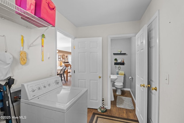 531 S NC Highway 343, Camden, NC 27921 - laundry area with washer / clothes dryer, wood finished floors, and baseboards