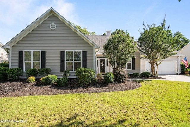 1424 Elgin St, Wilmington, NC 28409 - view of front of house featuring driveway, a front yard, an attached garage, and a chimney