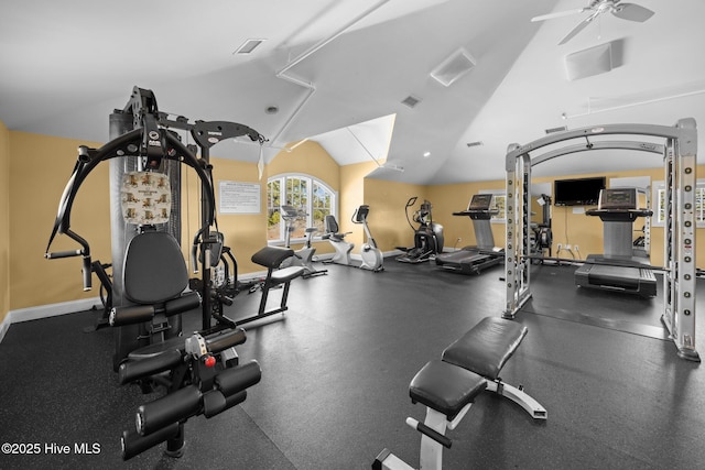 285 Mimosa Dr, Sneads Ferry, NC 28460 - workout area featuring vaulted ceiling and a ceiling fan